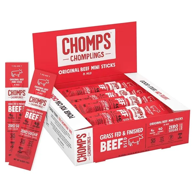 6CT Chomps Mini Beef Jerky Sticks, Original Beef, High Protein, Gluten Free, Sugar Free, Whole 30 Approved, 0.5oz