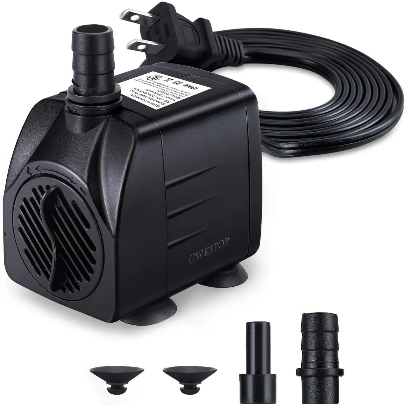 CWKJ Fountain Pump, 220GPH(15W 900L/H) Submersible Water Pump, Durable Outdoor Fountain Water Pump with 7.2ft（2.2m） Power Cord, 3 Nozzles for Aquarium, Pond, Fish Tank, Water Pump Hydroponics