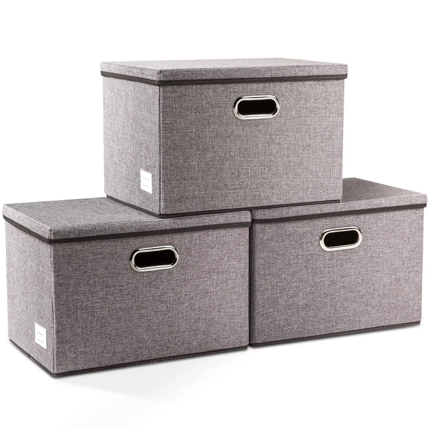 PRANDOM Large Collapsible Storage Bins with Lids [3-pack] Linen Fabric Foldable ...