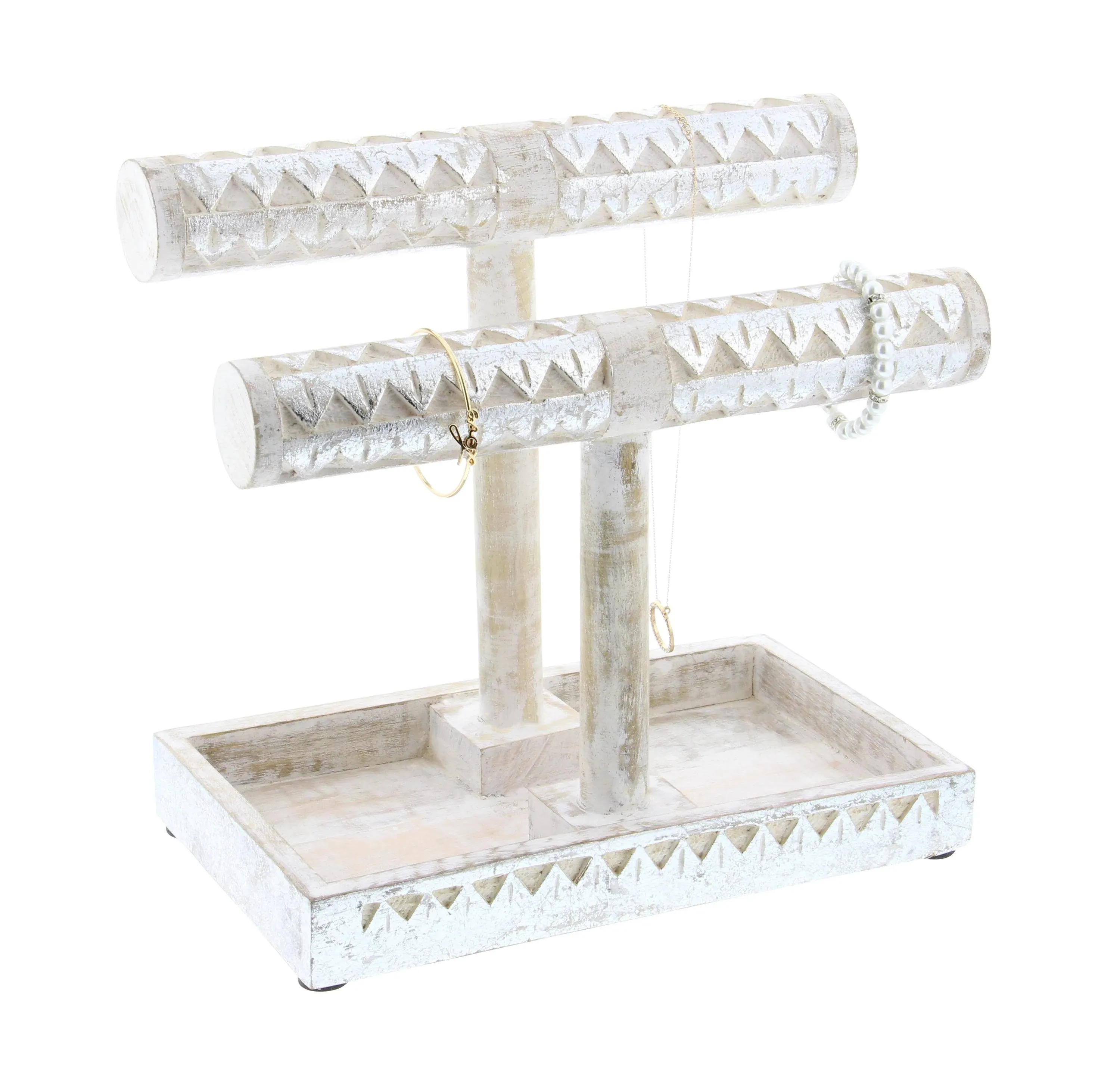 Deco 79 30965 Mango Wood Double T-Bar Jewelry Holder, 12" x 11", White/Silver