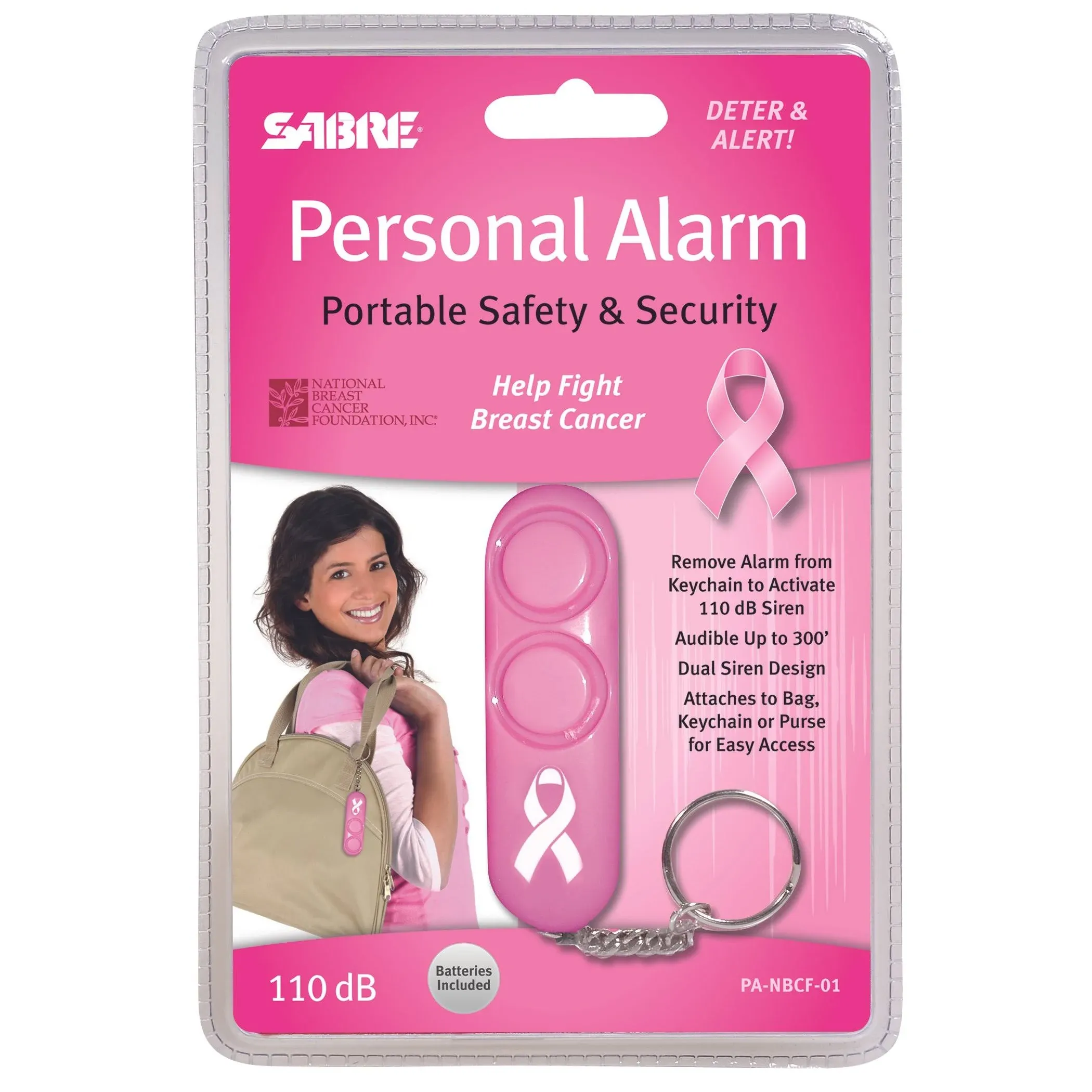 SABRE Personal Alarm With Key Ring, 120dB Alarm, Audible Up To 1,280 Feet (390 Meters), Simple Operation, Reusable, Pink