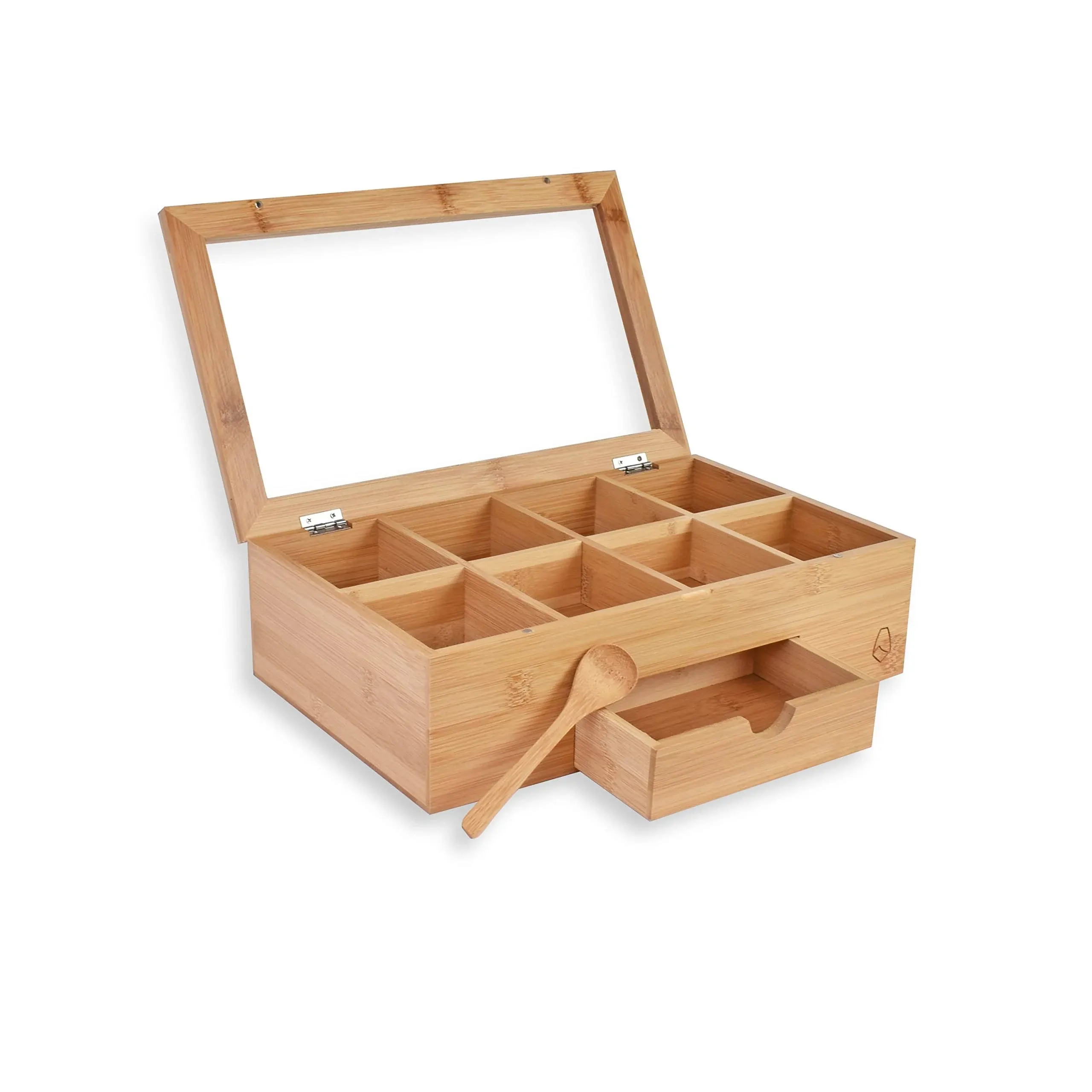 Bamboo Tea Box Organizer with 8 Compartments Drawer and Spoon - JAIG Tea Storage Chest