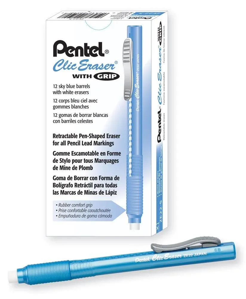 Pentel Clic Eraser Grip, Retractable Eraser, Sky Blue Barrel, Box of 12 (ze22s)