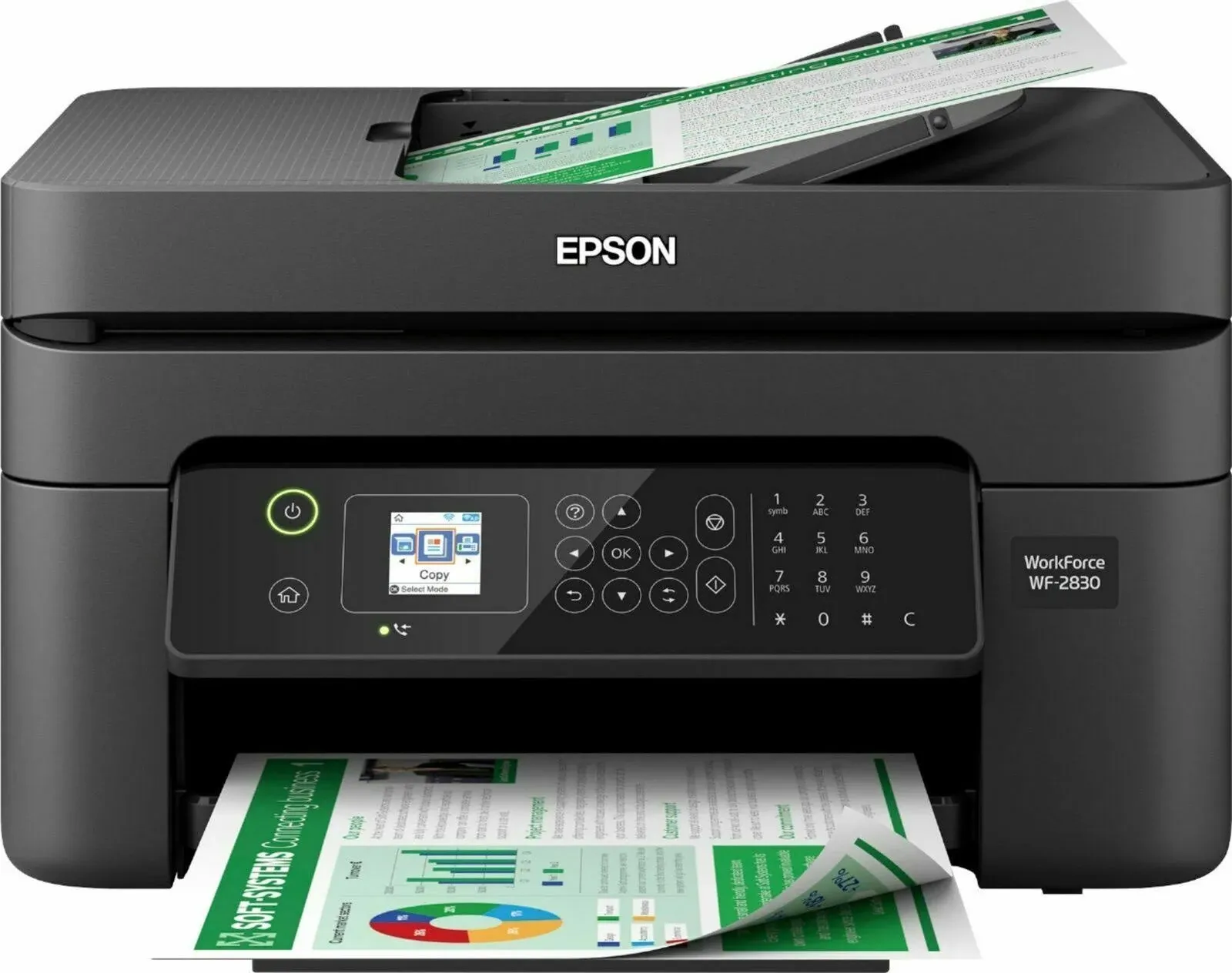 Epson Workforce WF-2930DWF - Impresora multifunción A4 de inyección de tinta (impresión a doble cara, escaneo, copia, fax), pantalla LCD de 3,7 cm, ADF, WiFi, Ethernet, impresión móvil y en la nube,