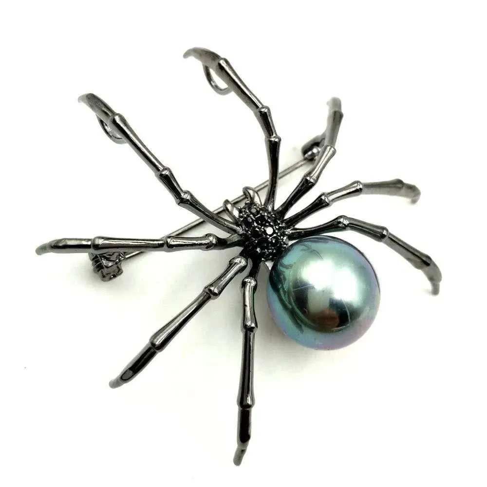 Victorian Style Mother of Pearl Body and Micro Pave Spider Brooches Pins Black Tone