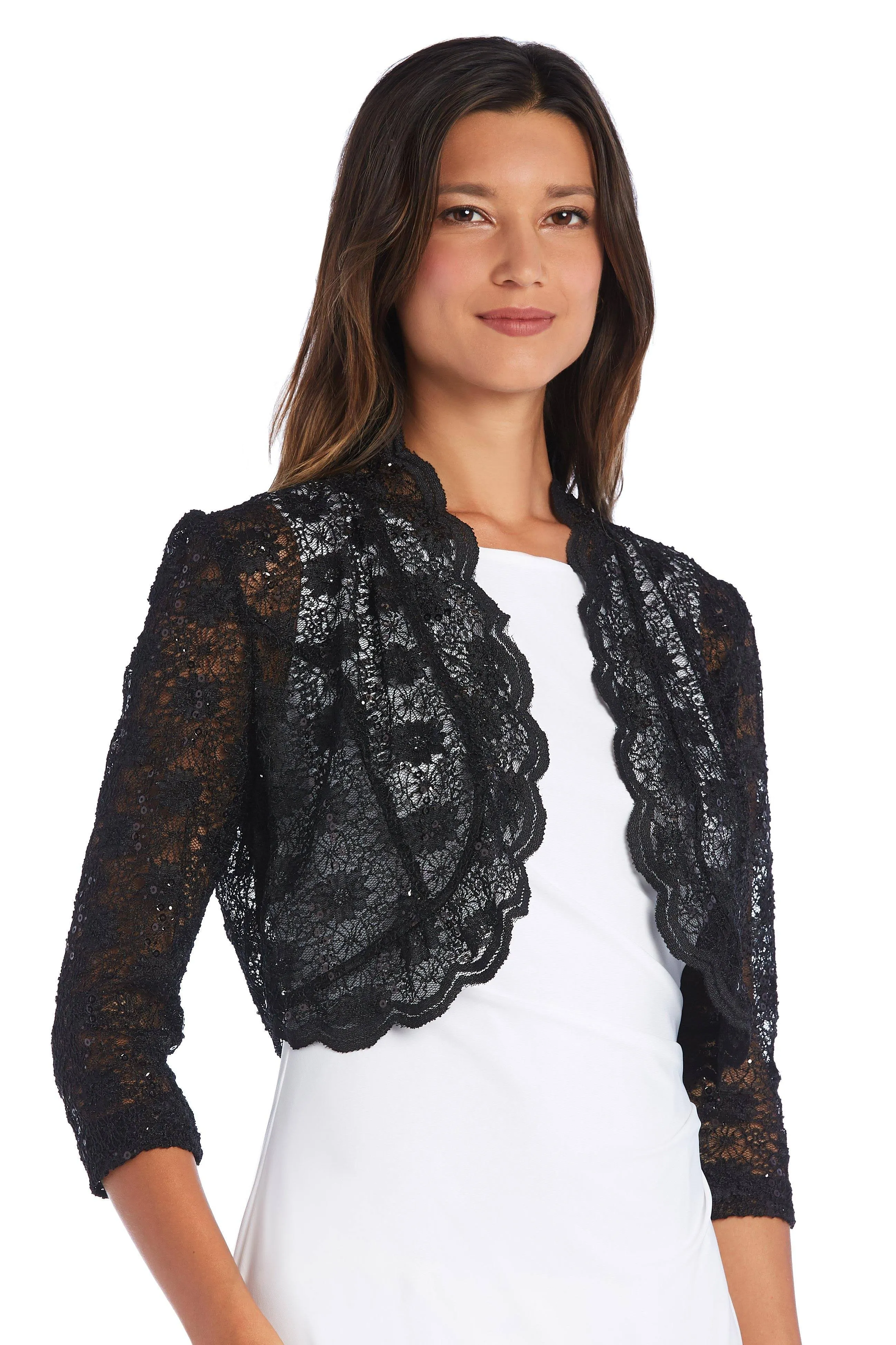 

  
Black R&M Richards 3158M 3/4 Sleeve Lace Bolero Jacket  for $29.0
 – The Dress Outlet
