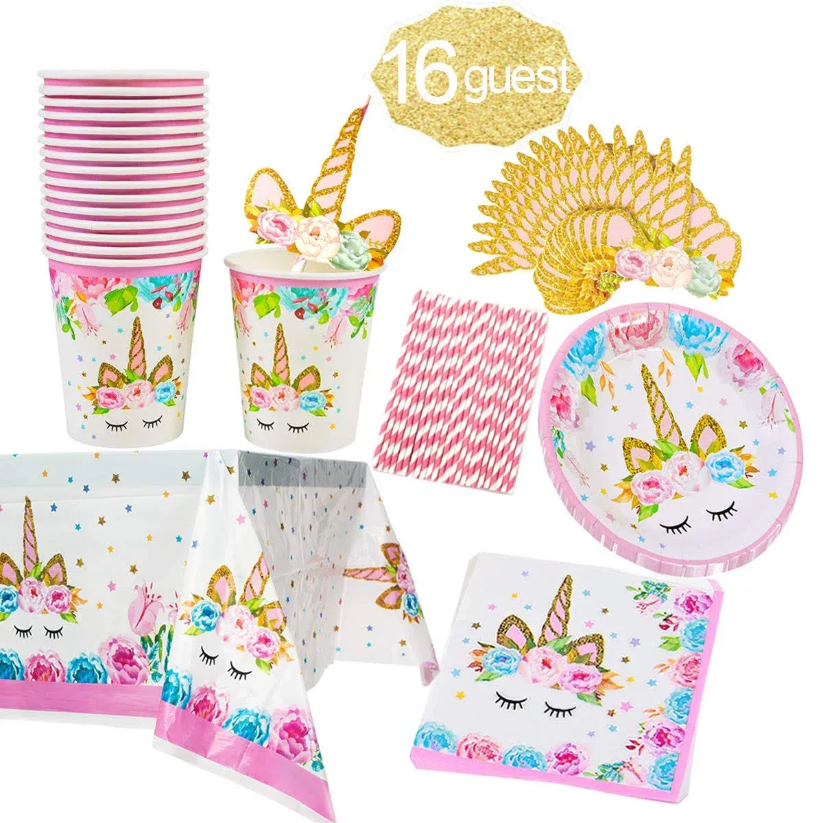 Nifasniy Unicorn Themed Party Supplies Set,Unicorn Cake Plates,cups,napkins,tablecloth,straws&decoration,paper Disposable Tableware Set for Girls