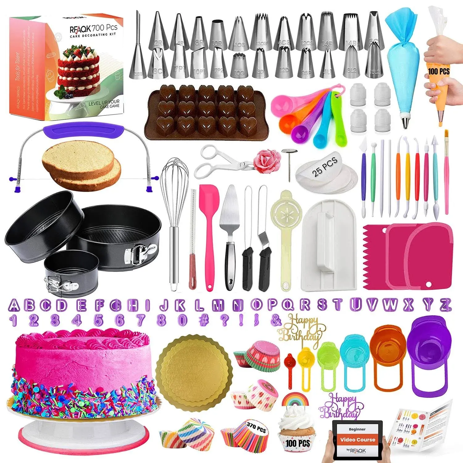 RFAQK 700PCs Cake Decorating Supplies Kit with Baking Supplies- Cake Decorating Tools with Springform Pans, Cake Leveler, Turntable, Numbered Piping Tips, Icing Spatulas, Fondant Tools and More