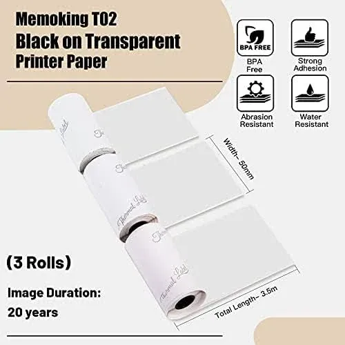 Memoking T02 Paper - T02 Thermal Labels, Clear/Transparent Paper, 3 Rolls