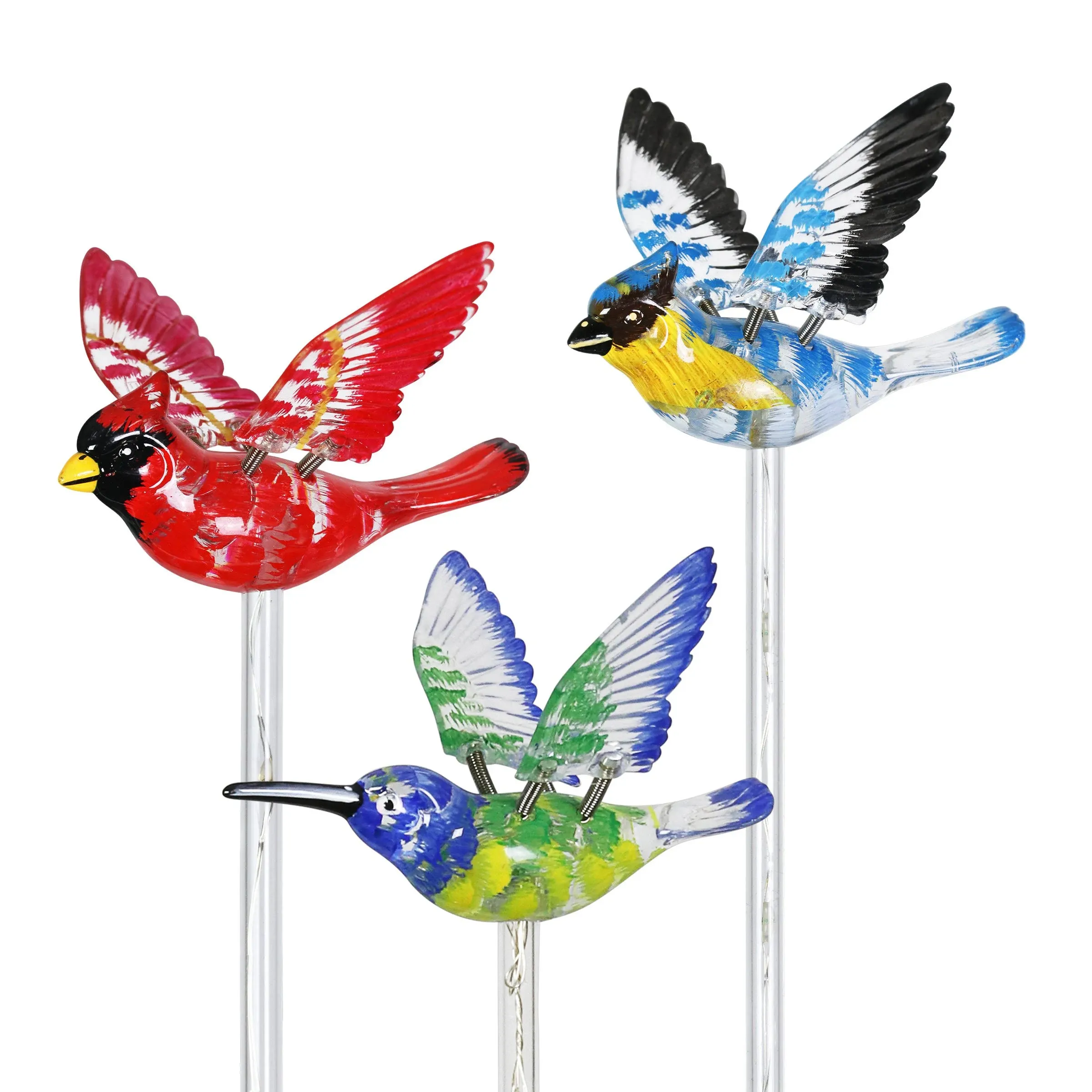 Exhart Solar WindyWing Garden Stake Set of Cardinal, Hummingbird and Blue Bird with Colored LED Lights, 4 by 27 inch