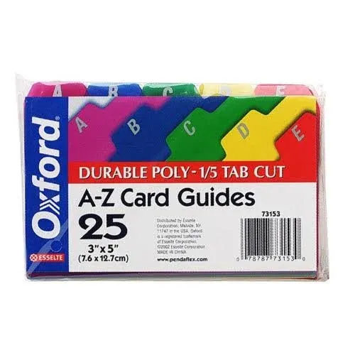 Oxford Poly Index Card Guide Set, 3 x 5 Inches, A-Z, 1/5 Inch Cut Tabs, Assorted Colors, 25 per Set (73153)