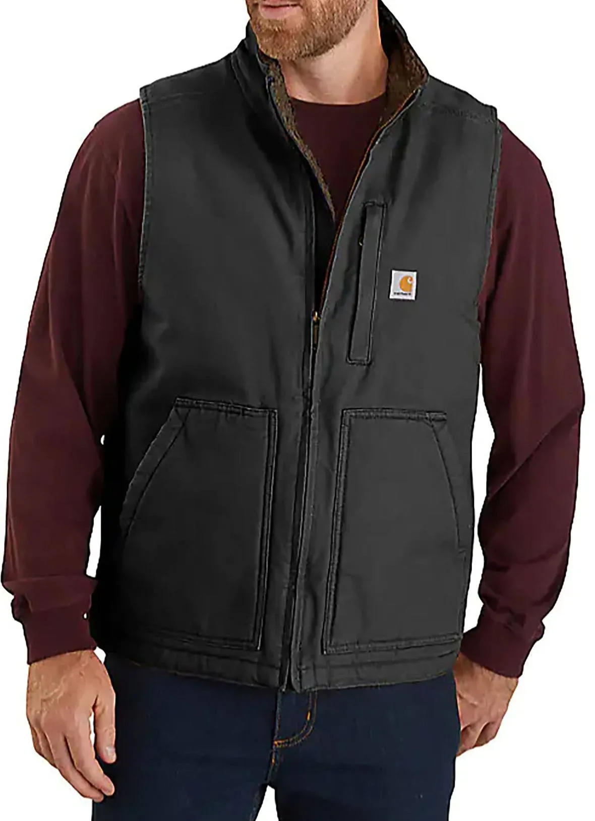 "Carhartt Vest: Men's 104277 BLK Black Washed Duck Sherpa Lined Mock Vest"