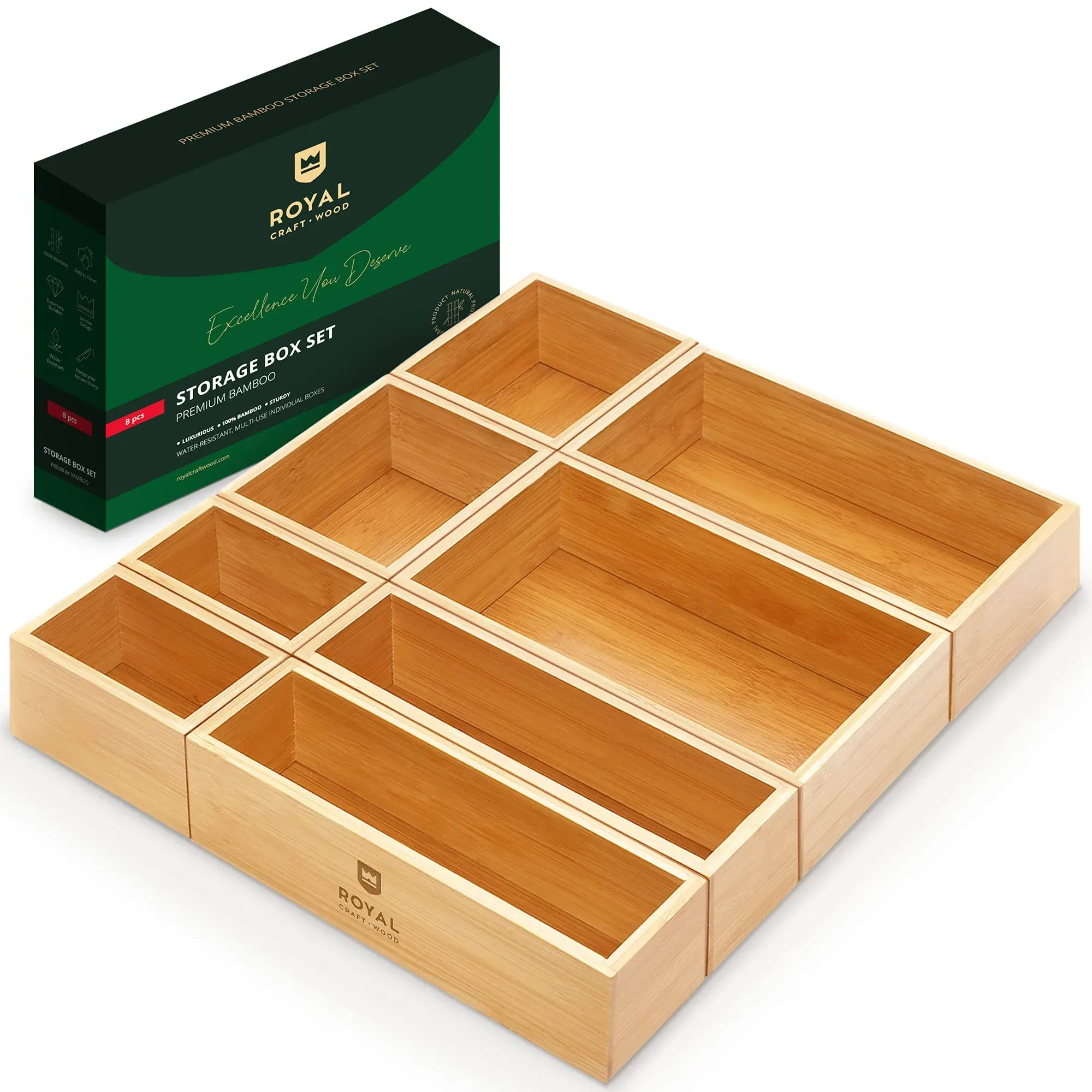 Luxury Bamboo Storage Box, Bin Set - Multi-Use Drawer Organizer for Kitchen, Bat