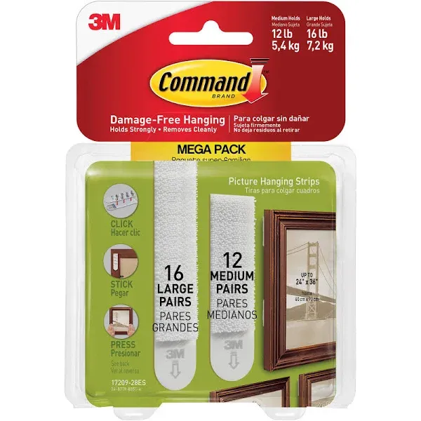 Command 12 Sets of Medium/16 Sets of Large Sized Picture Hanging Strips Mega White