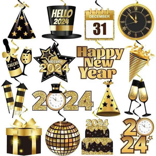 Happy New Year Hanging Swirls Decorations 2024 32Pcs Black Gold New Year Foil...