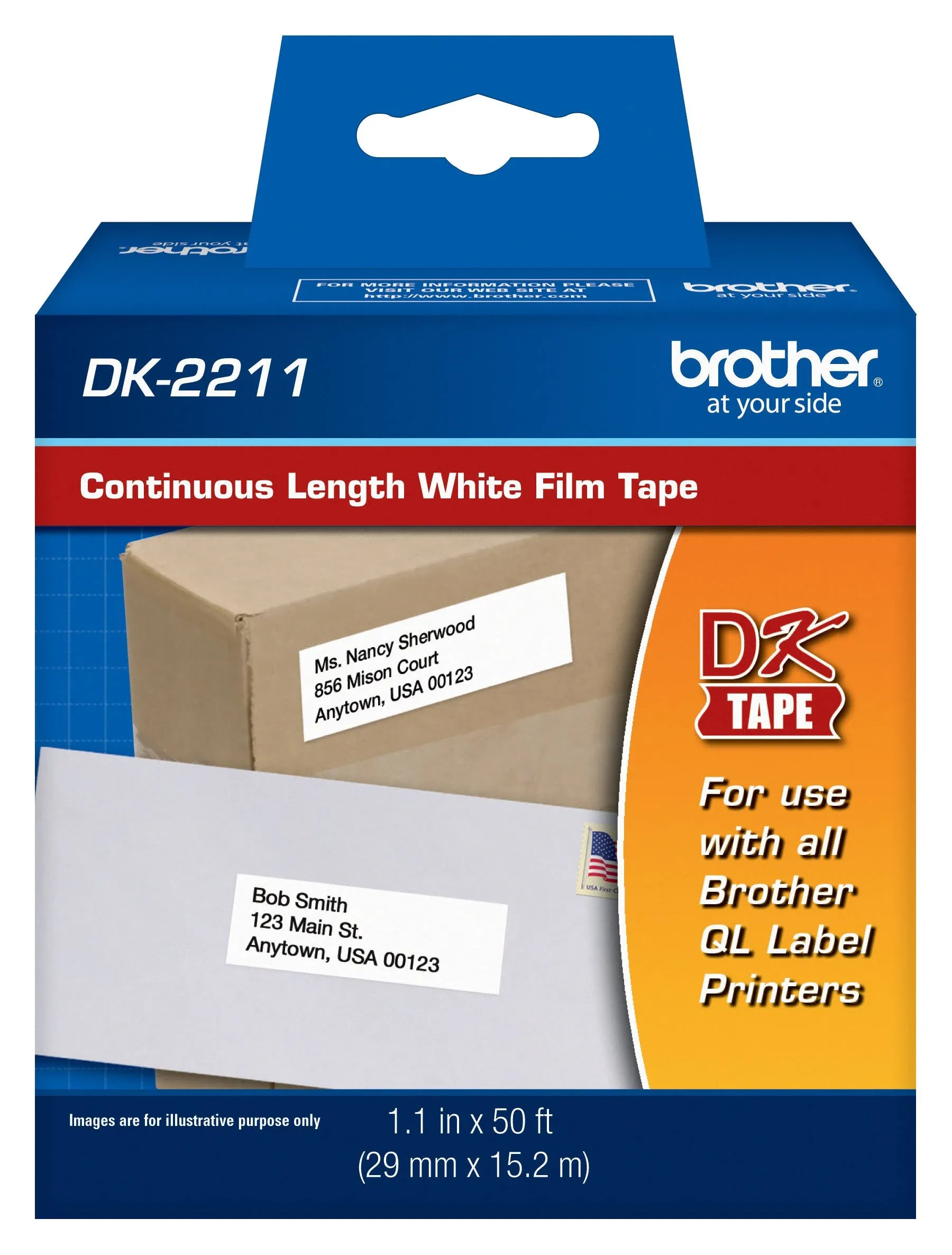 Brother® Continuous Film Label Tape, 1.1" x 50ft Roll, White