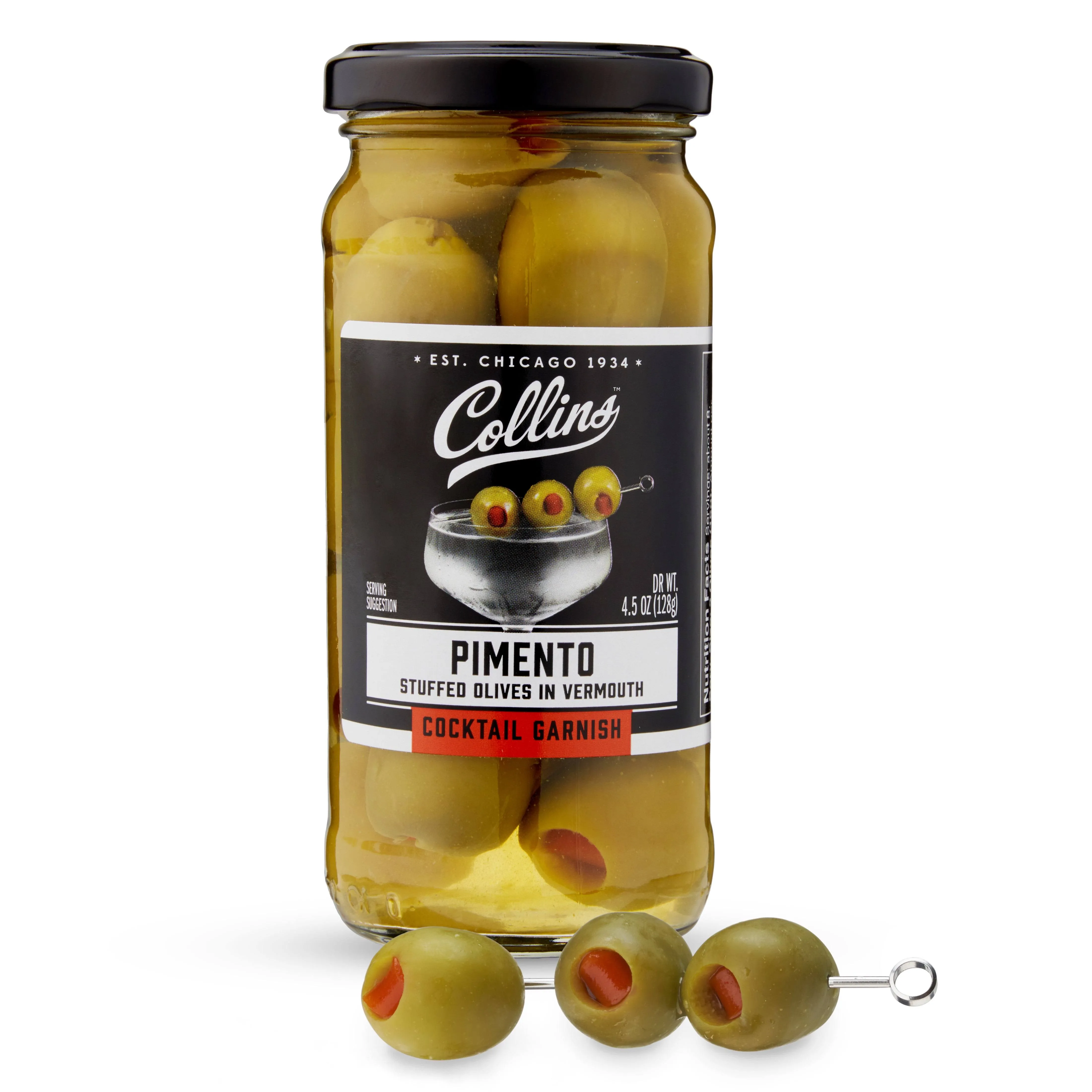 Collins Gourmet Vermouth Pimento Olives | Premium Garnish for Cocktails, Martinis, Drinks, Salads, Snack Trays, Charcuterie, and Cheese Spreads, 5oz