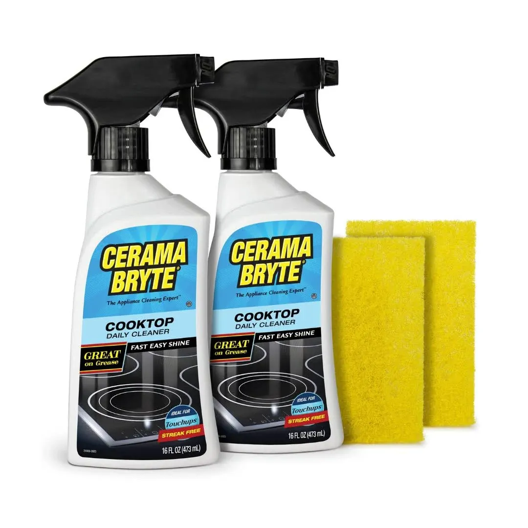 Cerama Bryte Daily Spray Cooktop and Stove Top Cleaner for Glass & Pads Combo Kit - Ceramic Surfaces, 16 Fluid Ounces, 4 Piece Set