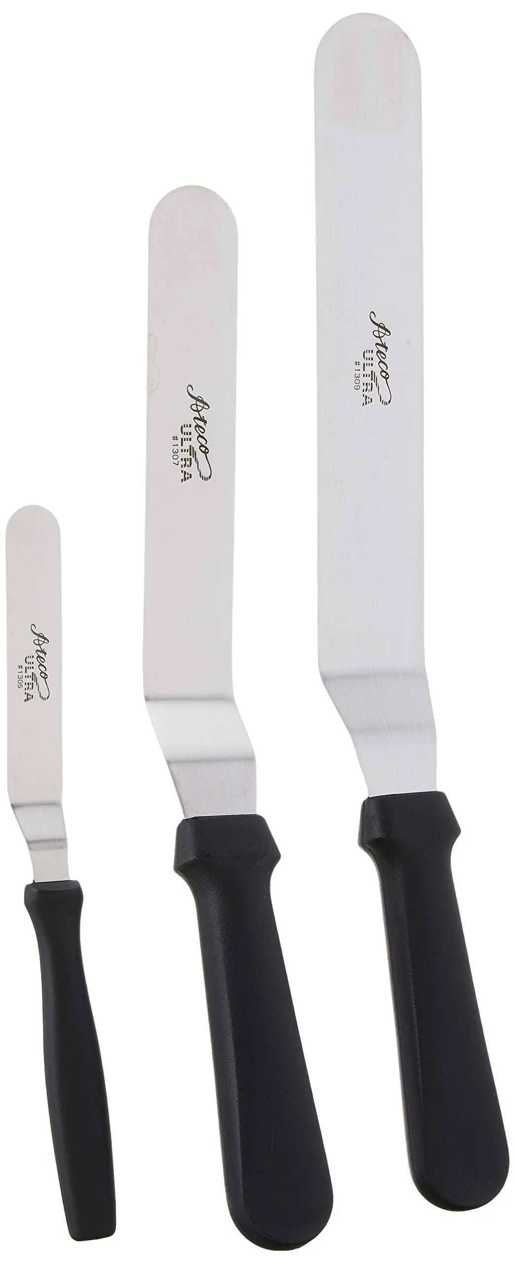 Ateco Ultra Offset Spatula 3 Piece Set; Top Sellers 1305 - 4.25 inch, 1307 - 7.75 inch, and 1309 - 9.75 inch, Stainless Steel