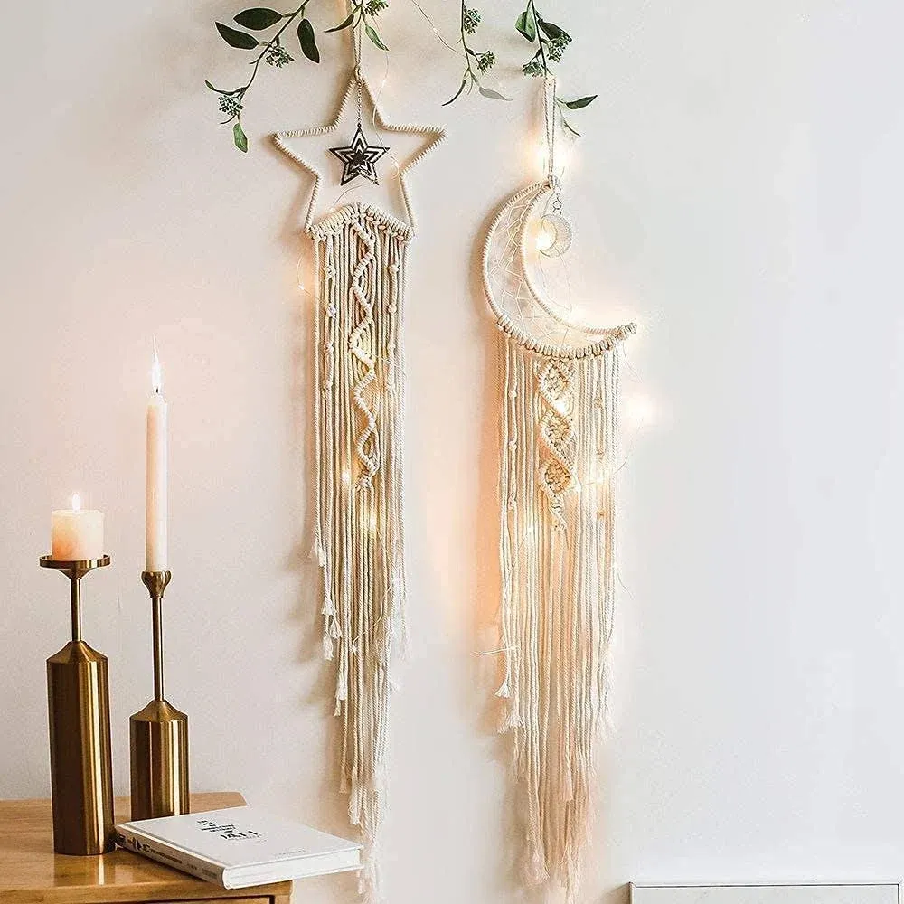 Macrame Moon and Star Hanging Dream Catchers with Lights for Home Bedroom Decor