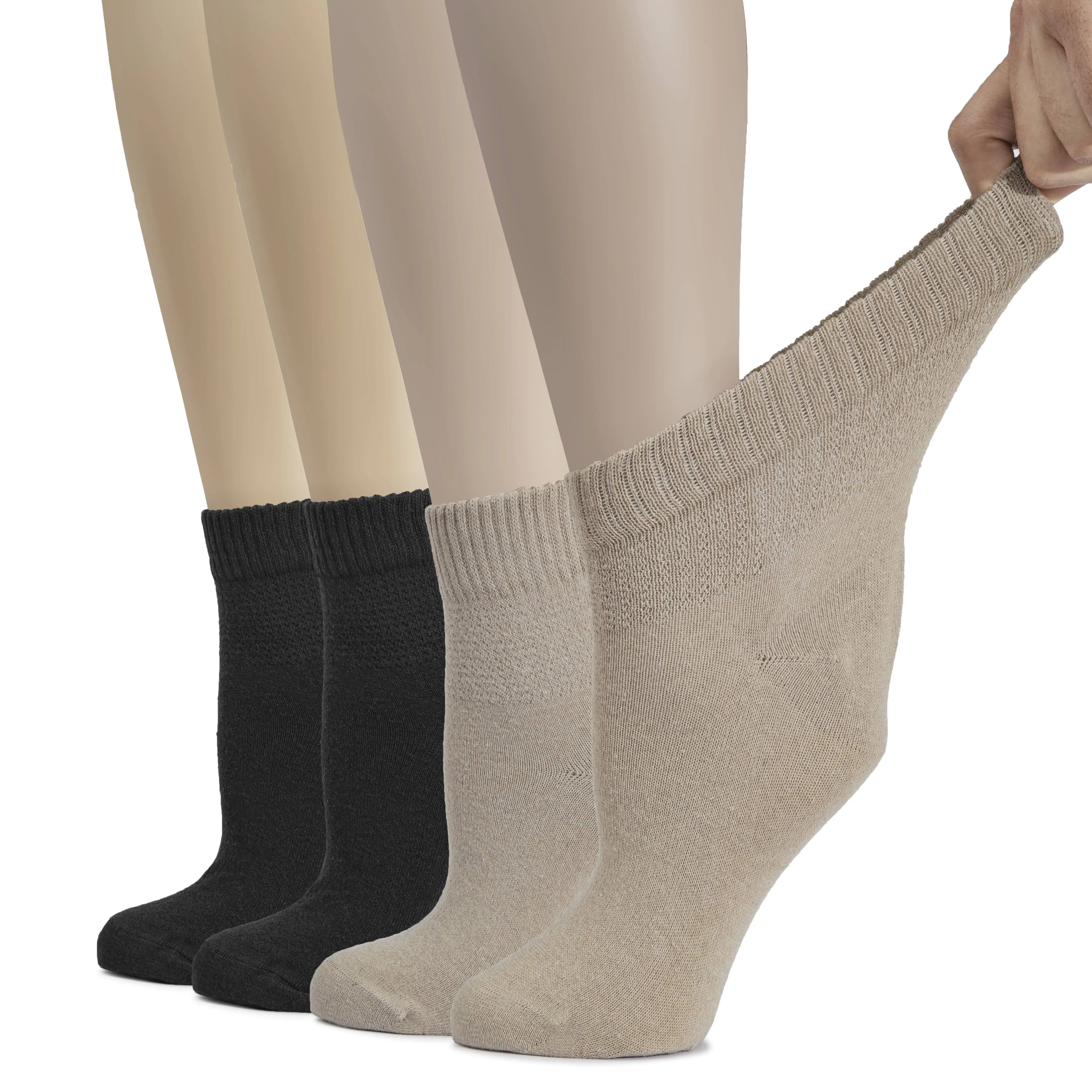 Hugh Ugoli Women's Cotton Diabetic Ankle Socks, Wide, Thin, Loose Fit and Stretchy, Seamless Toe & Non Binding Top, 4 Pairs, L.BEIGE / Black, Shoe