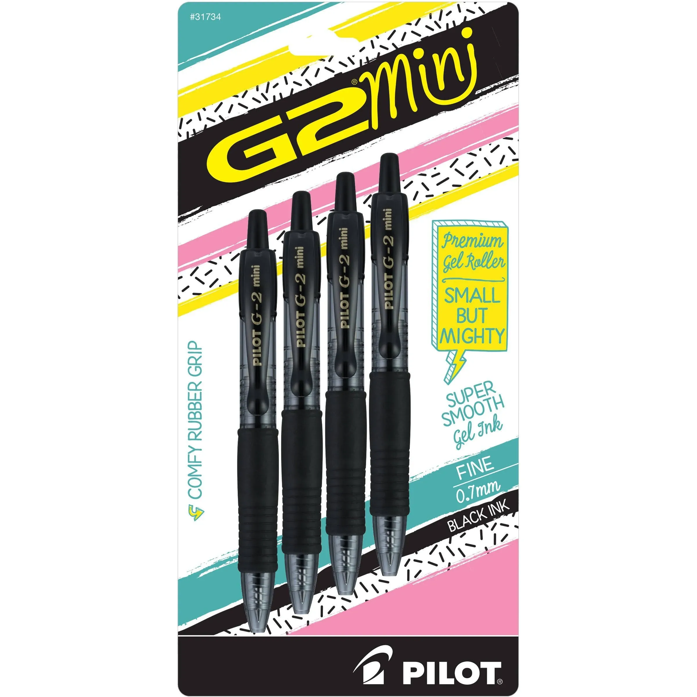 Pilot G2 Mini Retractable Gel Pen, Fine 0.7mm, Black Ink/Barrel, 4/Pack