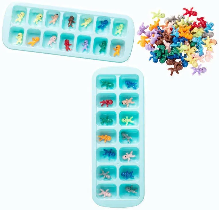 ZYFLSQ My Water Broke Baby Shower Game 60 Multicolor Mini Plastic Babies, 3 Ice Cube Trays, 1 Sign