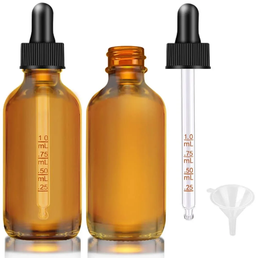 Dropper Bottle 2 oz, 2 pack Amber Glass Eye Dropper Bottles with Labels and Funnel, Tincture Bottle with Measured Dropper - Leakproof Essential Oils Bottles