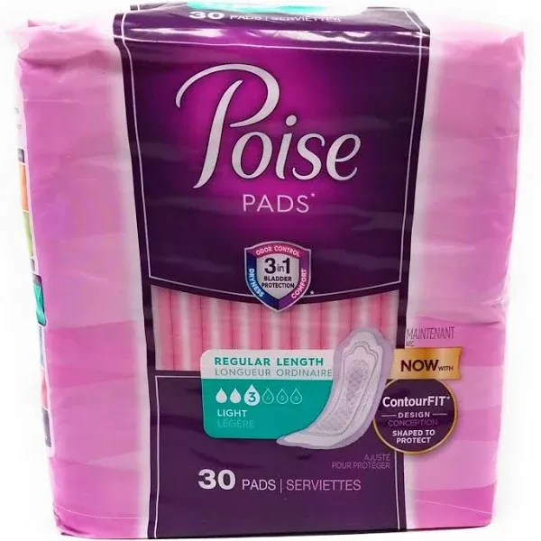 Poise Ultra Thin Incontinence Pads, Light Absorbency, Regular Length, 30 Coun...