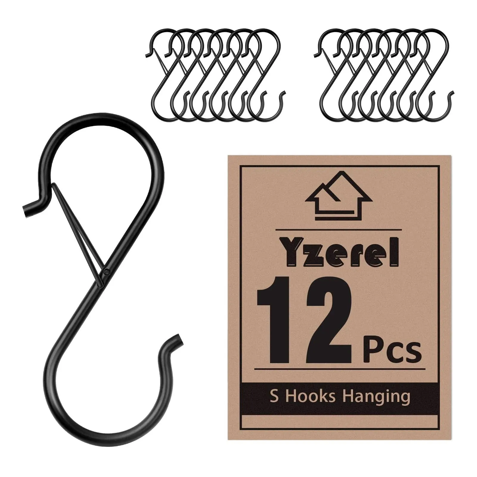 12Pcs S Hooks Hanging Safety Buckle - 3.5 inch Heavy Duty S Hooks,Hanging Plants for Closet Hooks, Clothes, Kitchen Utensil, Pots and Pans, Bags (Black)