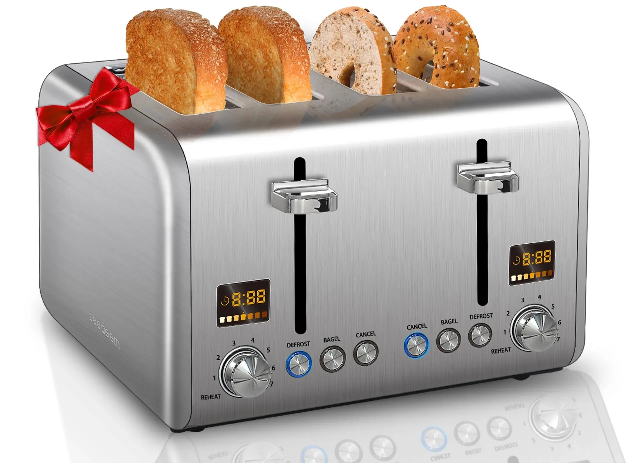 SEEDEEM 4 Slice Toaster, Stainless Steel Bread Toaster with Colorful LCD Display ...