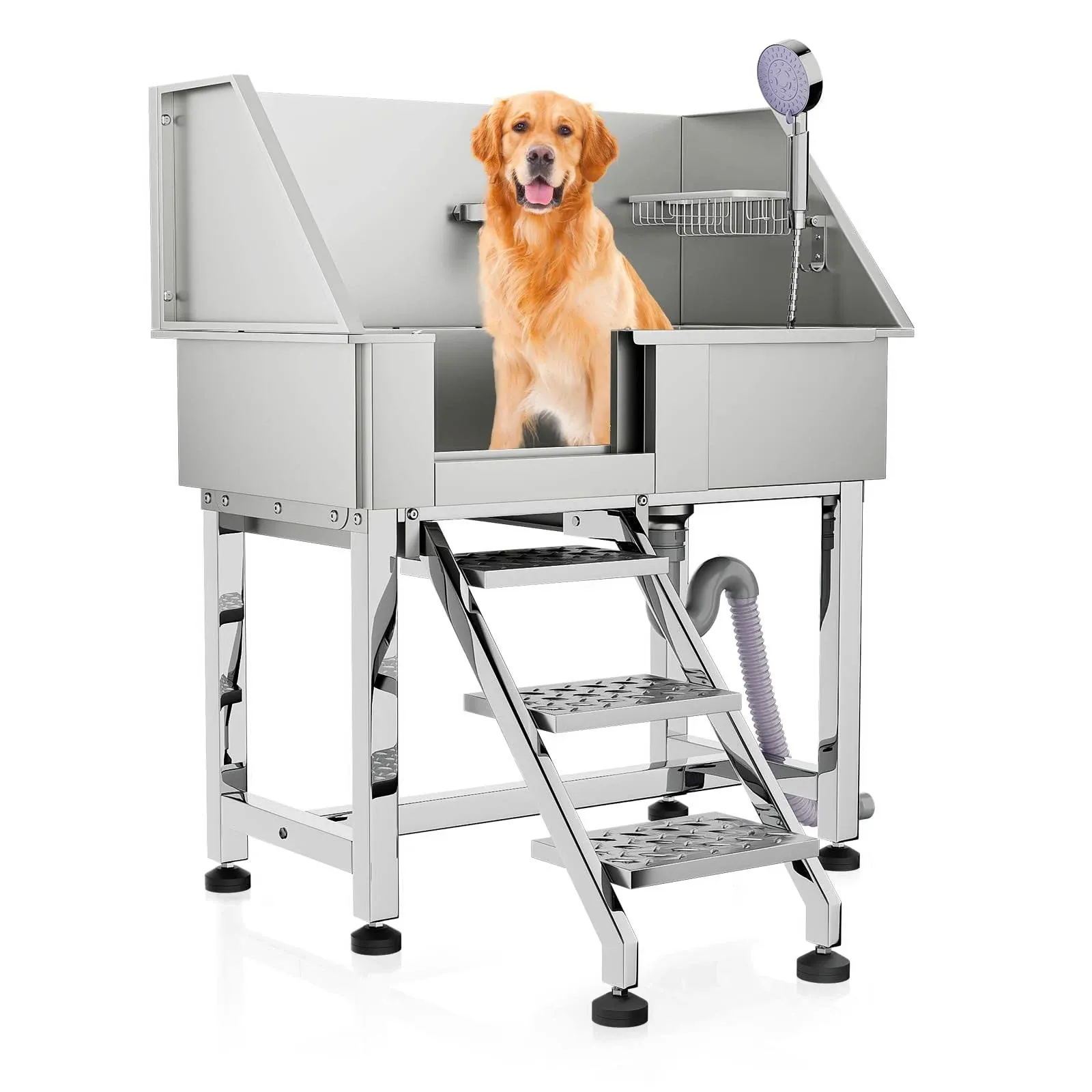 34" Pet Grooming Tub, Stainless Steel Dog Washing Station with Retractable Steps ...