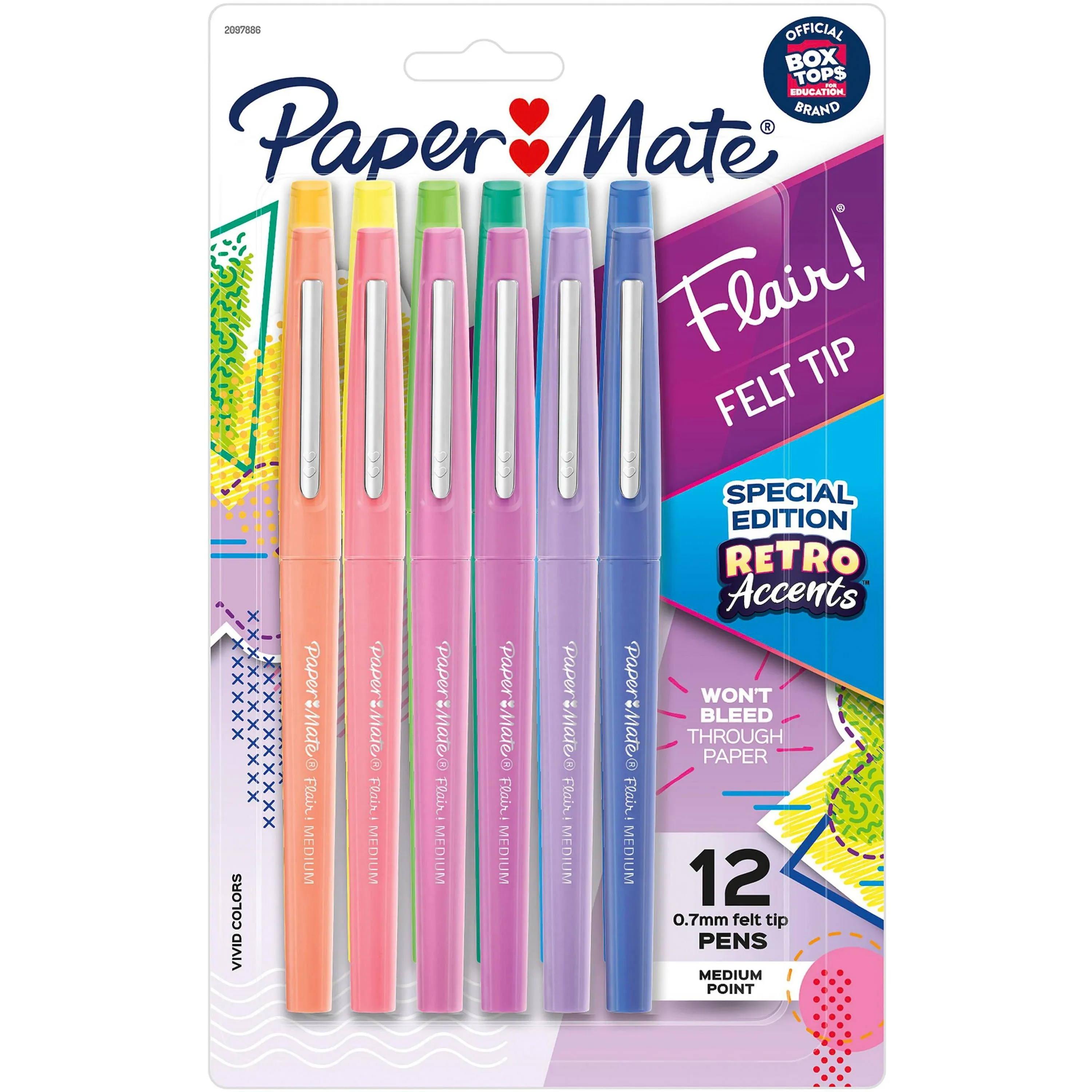 Paper Mate Flair Felt Tip Pens, Medium Point (0.7mm), Assorted, Special Edition Retro Accents, 12 Count