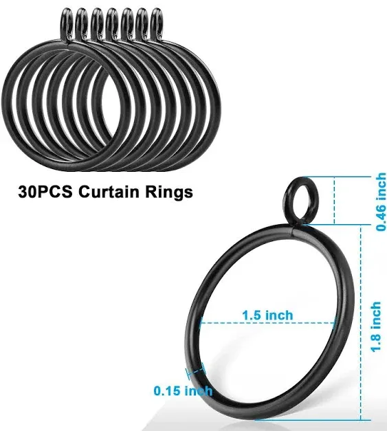 30 PCS 1.5-Inch Black Curtain Rings for Curtain Rod, This Black Eyelet Drapery Rings Can Fit Up to 1.4-Inch Curtains Rod