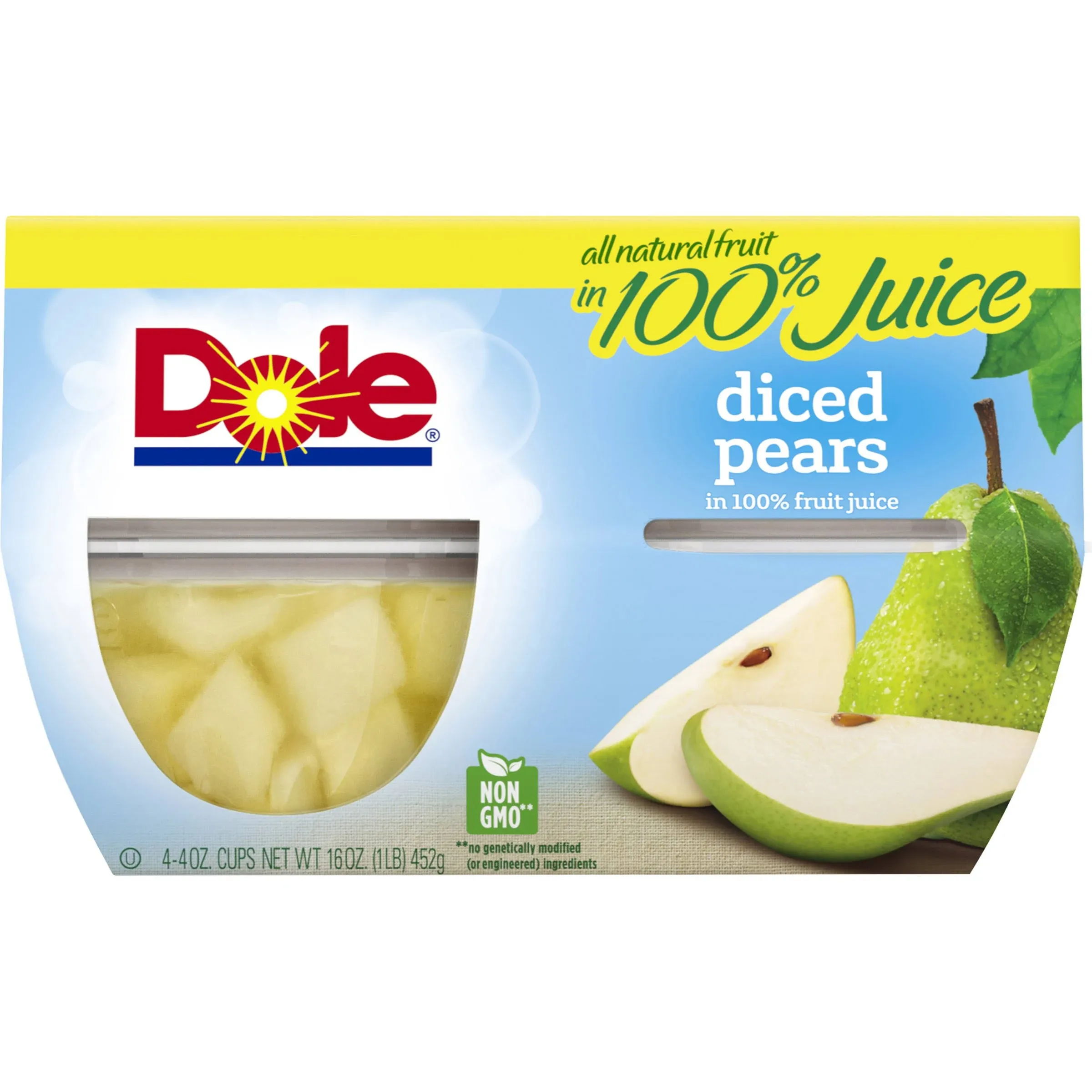 Dole Pears, Diced - 4 pack, 4 oz cups