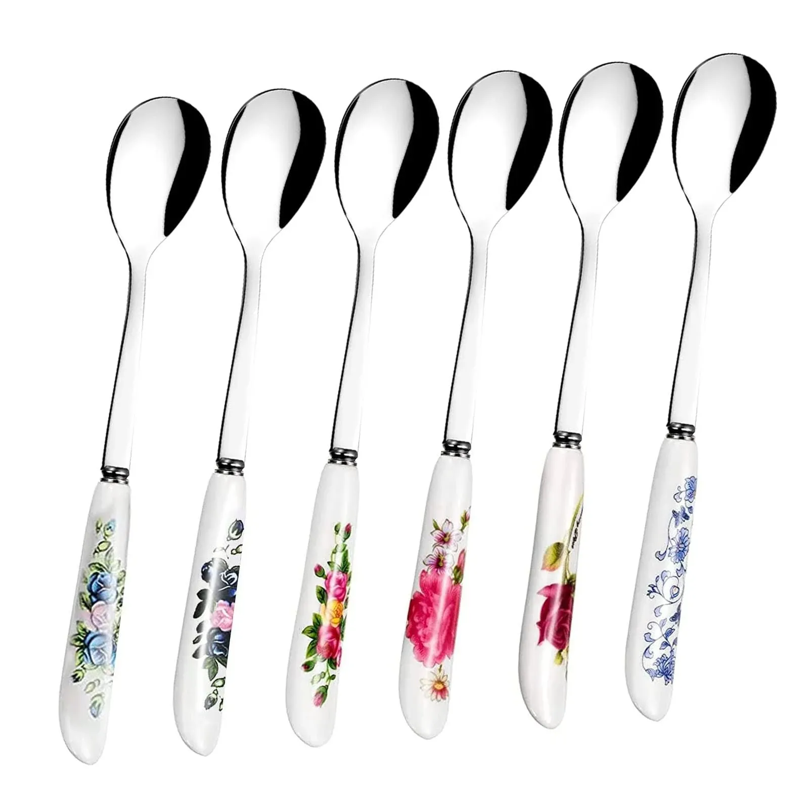 Huele 6 Pcs Chinese Flower Pattern Stainless Steel Coffee Spoon Ceramic Handle ...