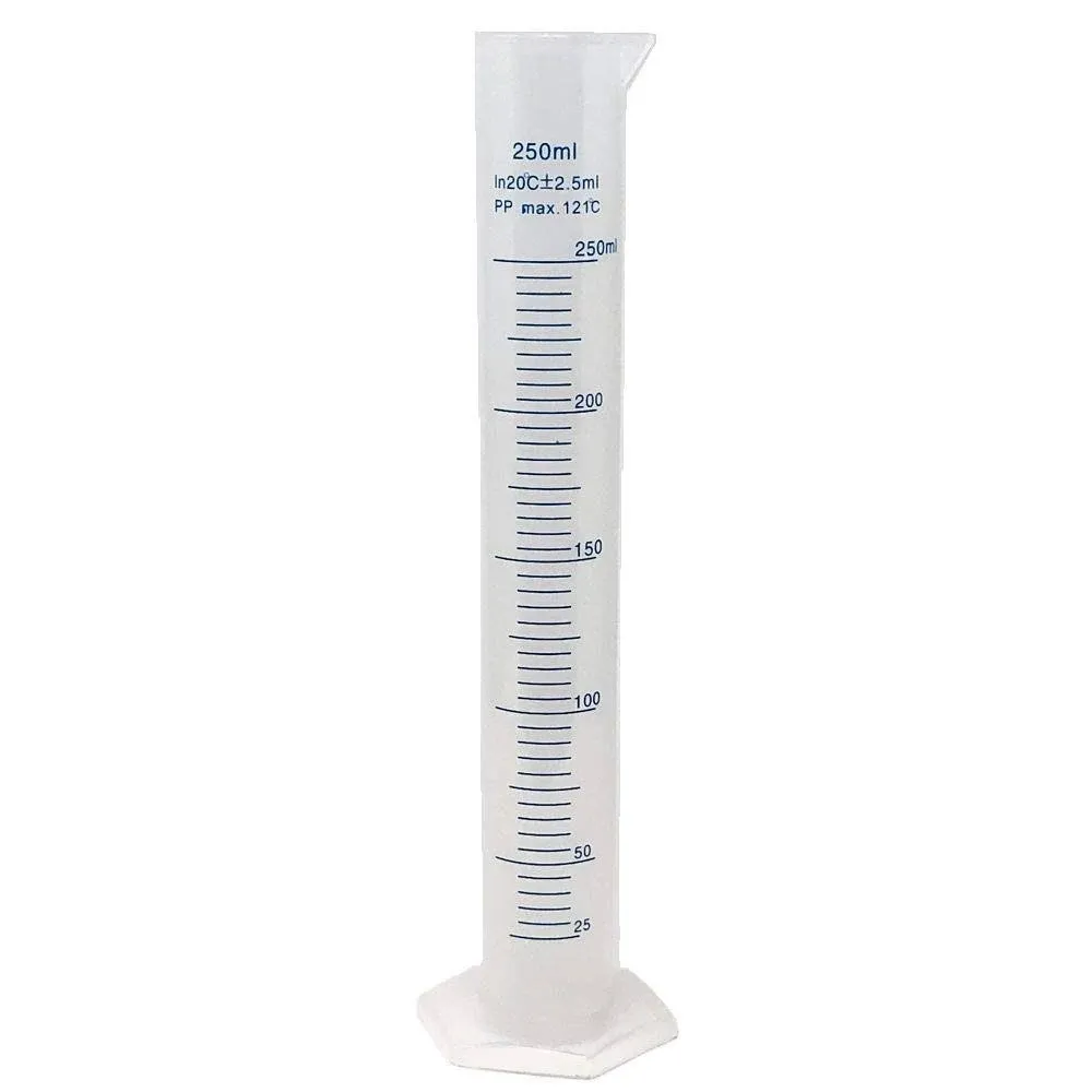 250ml Graduated Cylinder, PP, Blue Printed Graduations, Karter Scientific