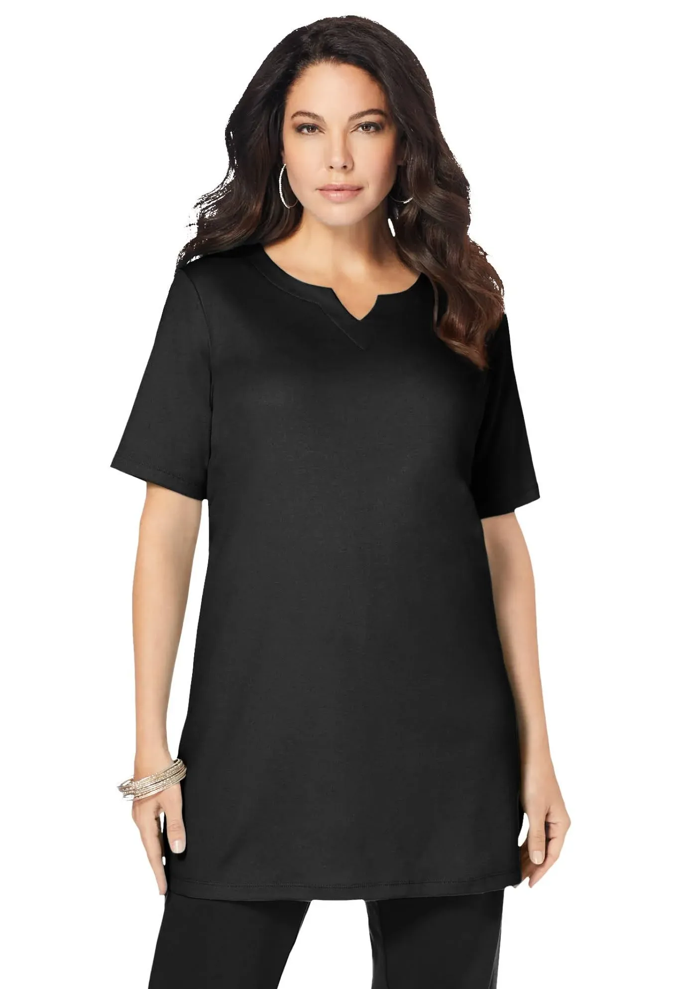 Roaman's Women's Plus Size Notch-Neck Soft Knit Tunic - 5X, Black