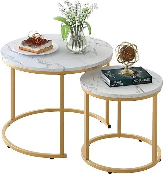 Aboxoo Coffee Table Nesting White Set of 2 Side Set Golden Frame Circular and