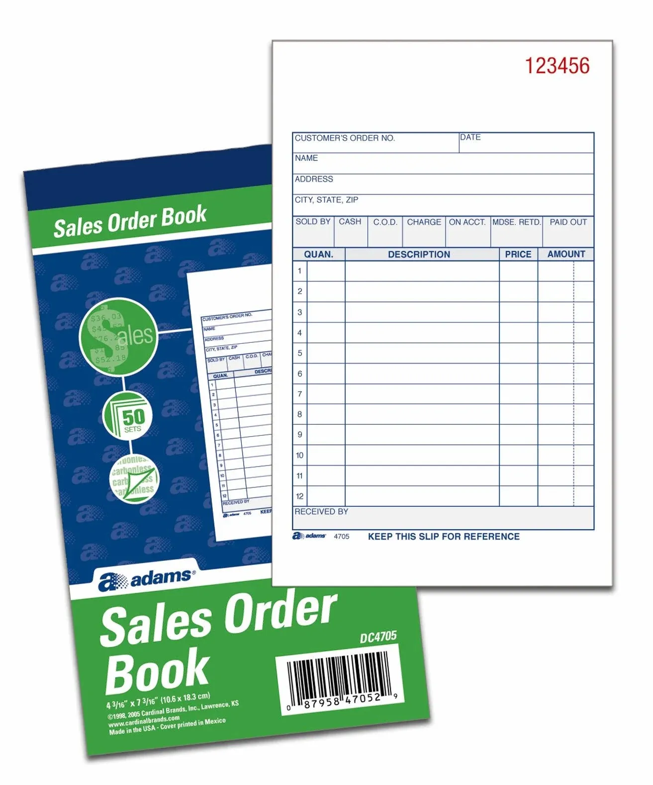 Adams Sales Order Books, 2-Part, Carbonless, White/Canary, 4-3/16 x 7-3/16 Inches, 50 Sets per Book, 6 Books