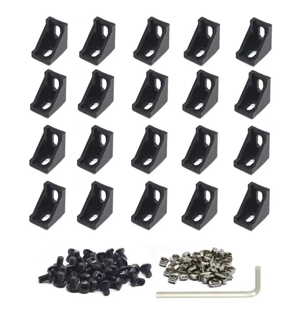 Iverntech 20pcs Black Aluminum Corner Bracket Connector Inside Joint Plate Fastener with 40pcs M5 T Nuts+40 pcs M5 Screw+1pcs Wrench for Standard 6mm Slot 2020 Series Aluminum Extrusion Profile