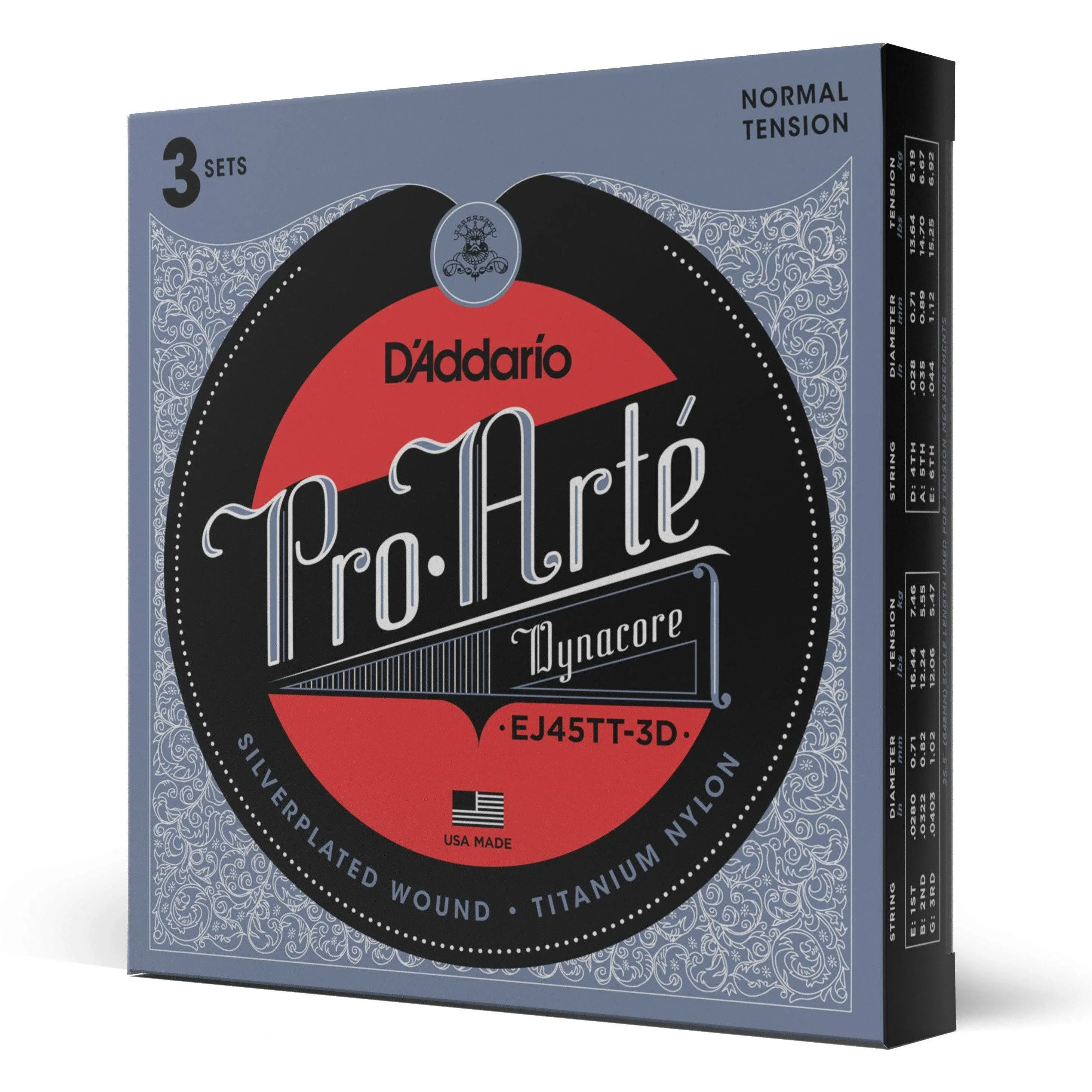 D'Addario EJ45TT ProArte Dynacore Classical Guitar Strings Titanium 3 Sets