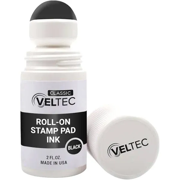 Veltec Classic Roll-on Stamp Pad Ink Refill, 2 oz Bottle, Apply to Ink Pad with Roller Ball (Black)