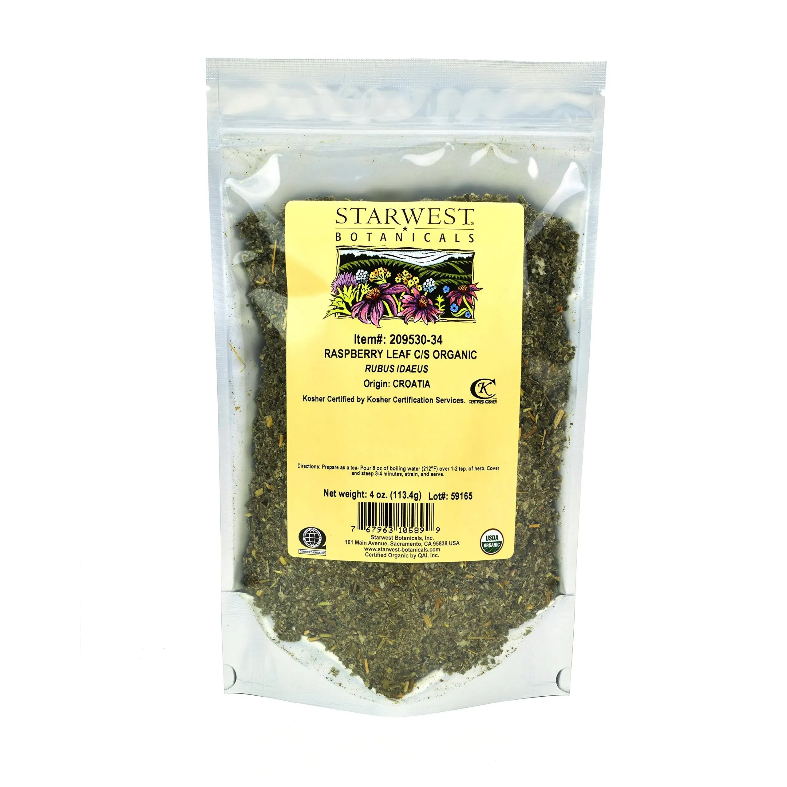 Starwest Botanicals Organic Red Raspberry Leaf Tea [4 Ounce Bag] Loose Cut