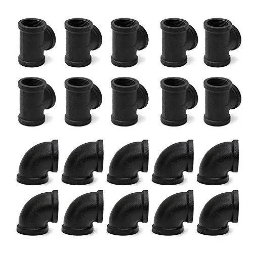 1/2" Pipe Fitting Tee & Elbow, 20 Pack Threaded Cast Black Malleable Iron Pipe Elbow/Tee for Steampunk Vintage DIY Pipe Decor Project/Furniture/Shelving Decoration (10 Tees+10 Elbows)