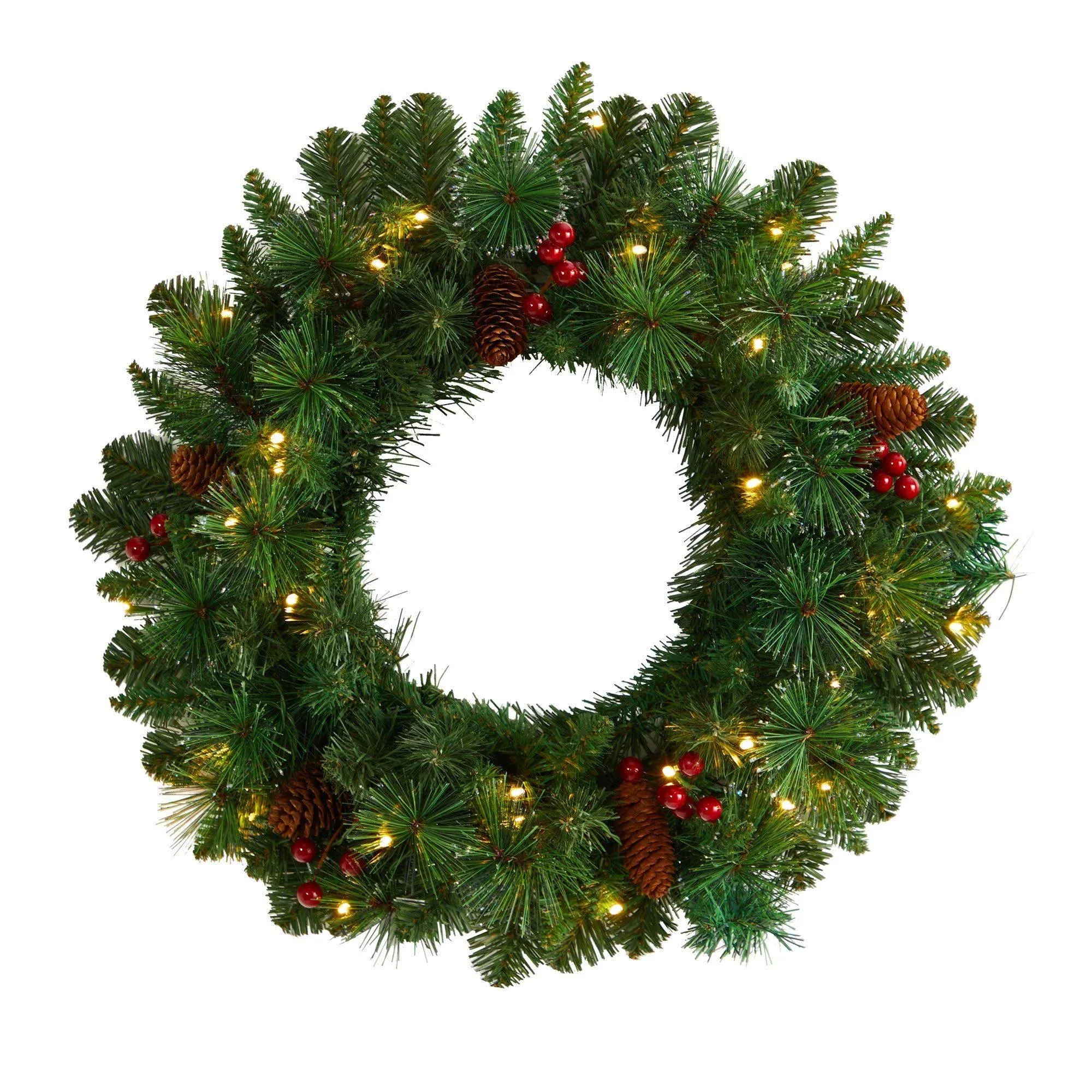 Nearly Natural "Frosted Pine Artificial Christmas Wreath with Pinecones, Berries and 35 Warm LED Lights