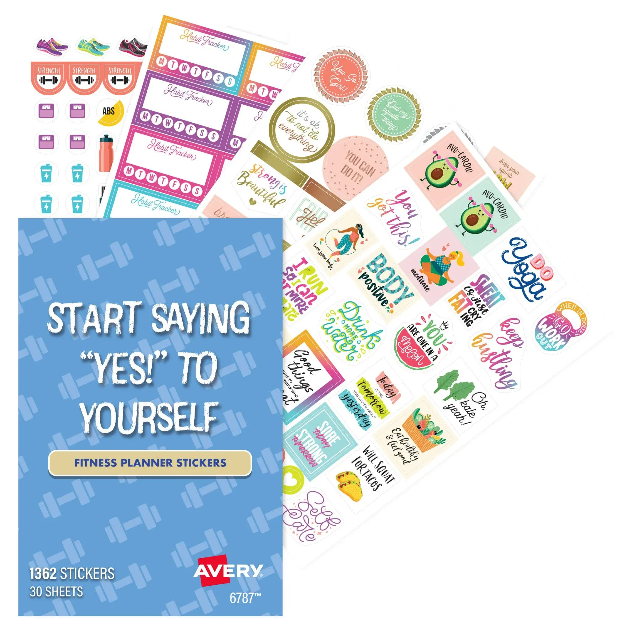 Avery Fitness Planner Stickers Pack, 30 Sheets of Health and Fitness Stickers, Set of 1,362 Stickers for Your Planner, Journal or Calendar (6787)