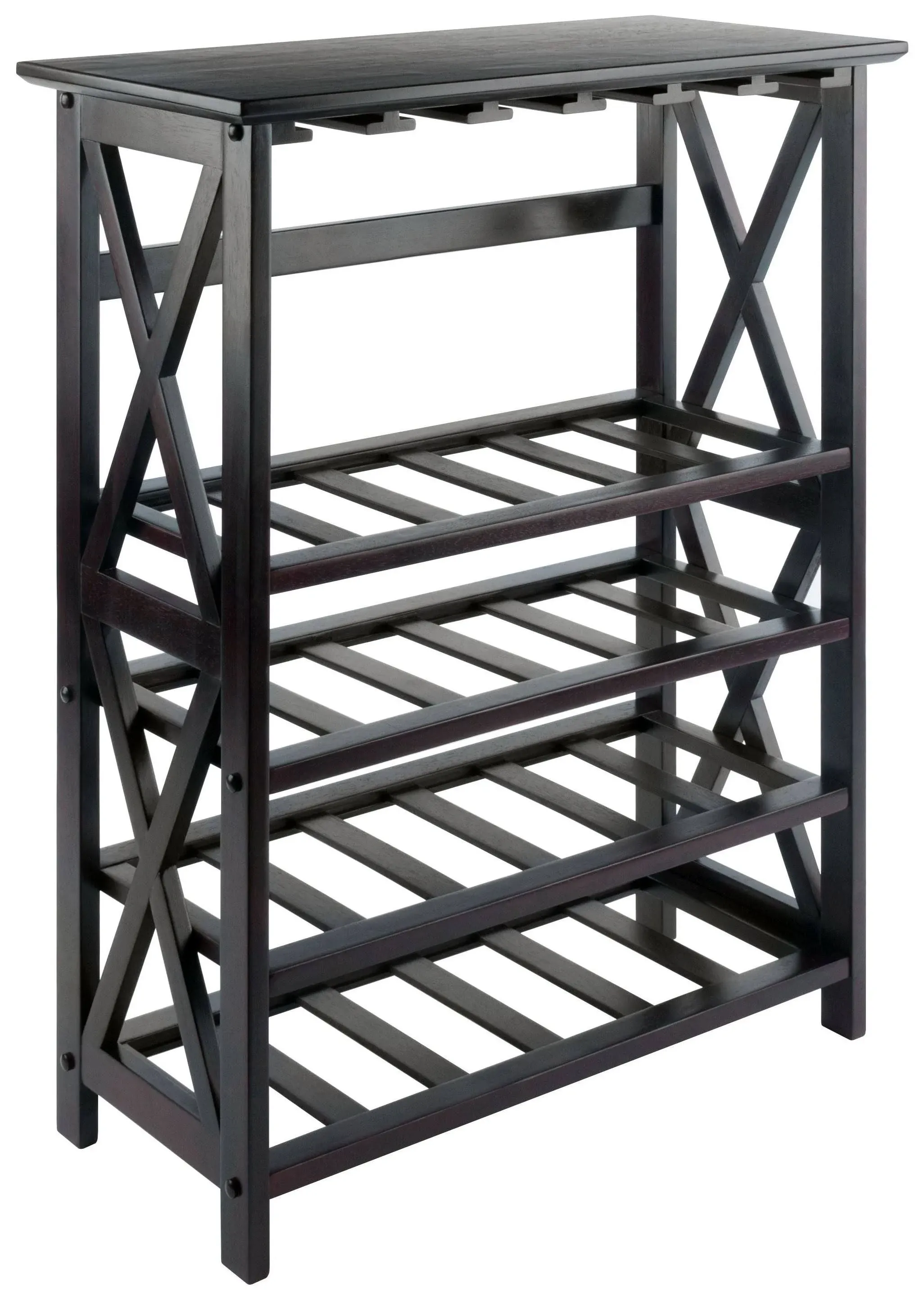 CasaFoyer Rio Wine Rack and Bar - 24-Bottle Capacity, Espresso Finish, X Legs, Solid and Composite Wood, Assembly Required