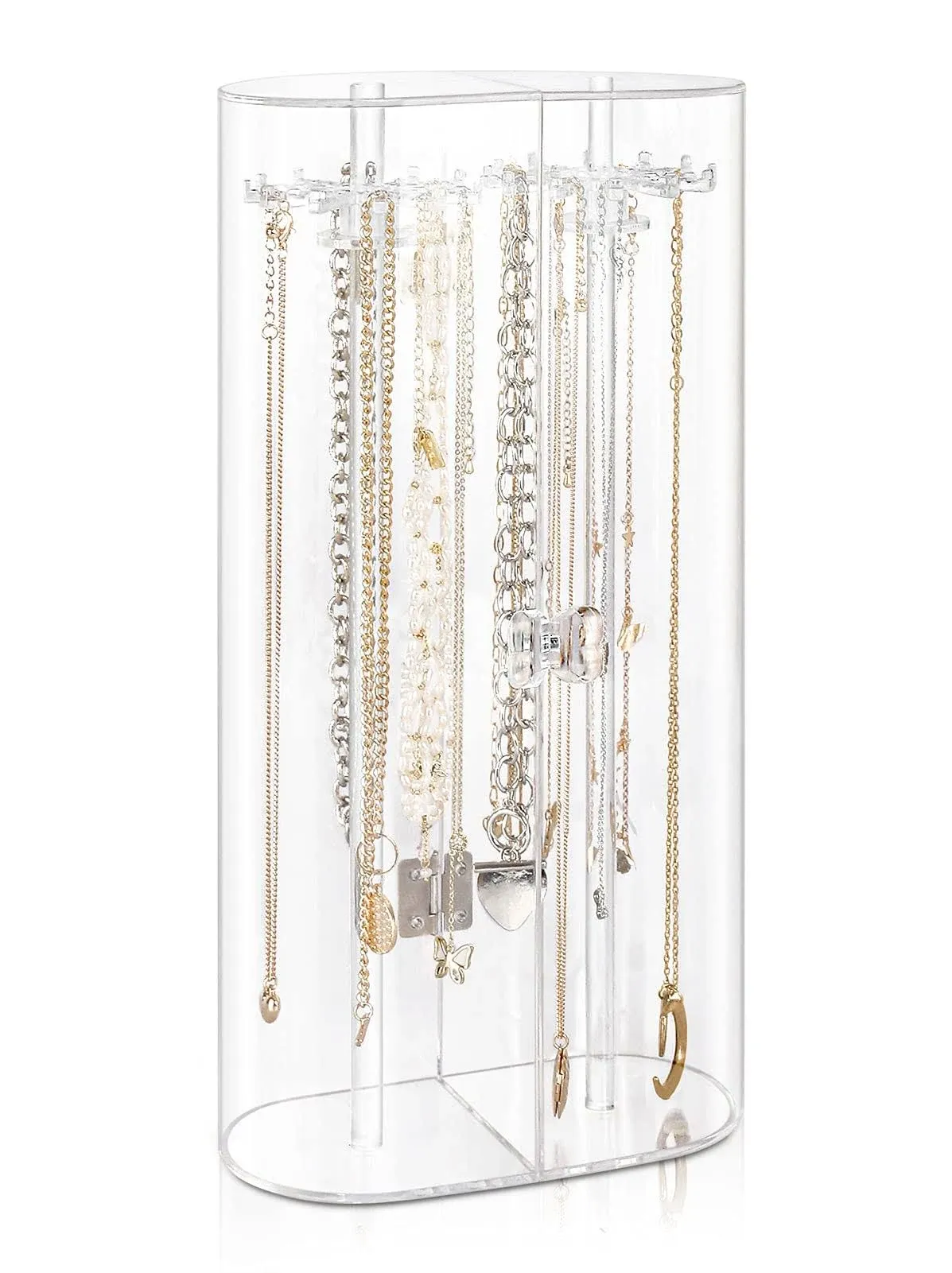 Acrylic Necklace Holder, Clear Necklace Organizer with 24 Hooks, Dustproof Rotat