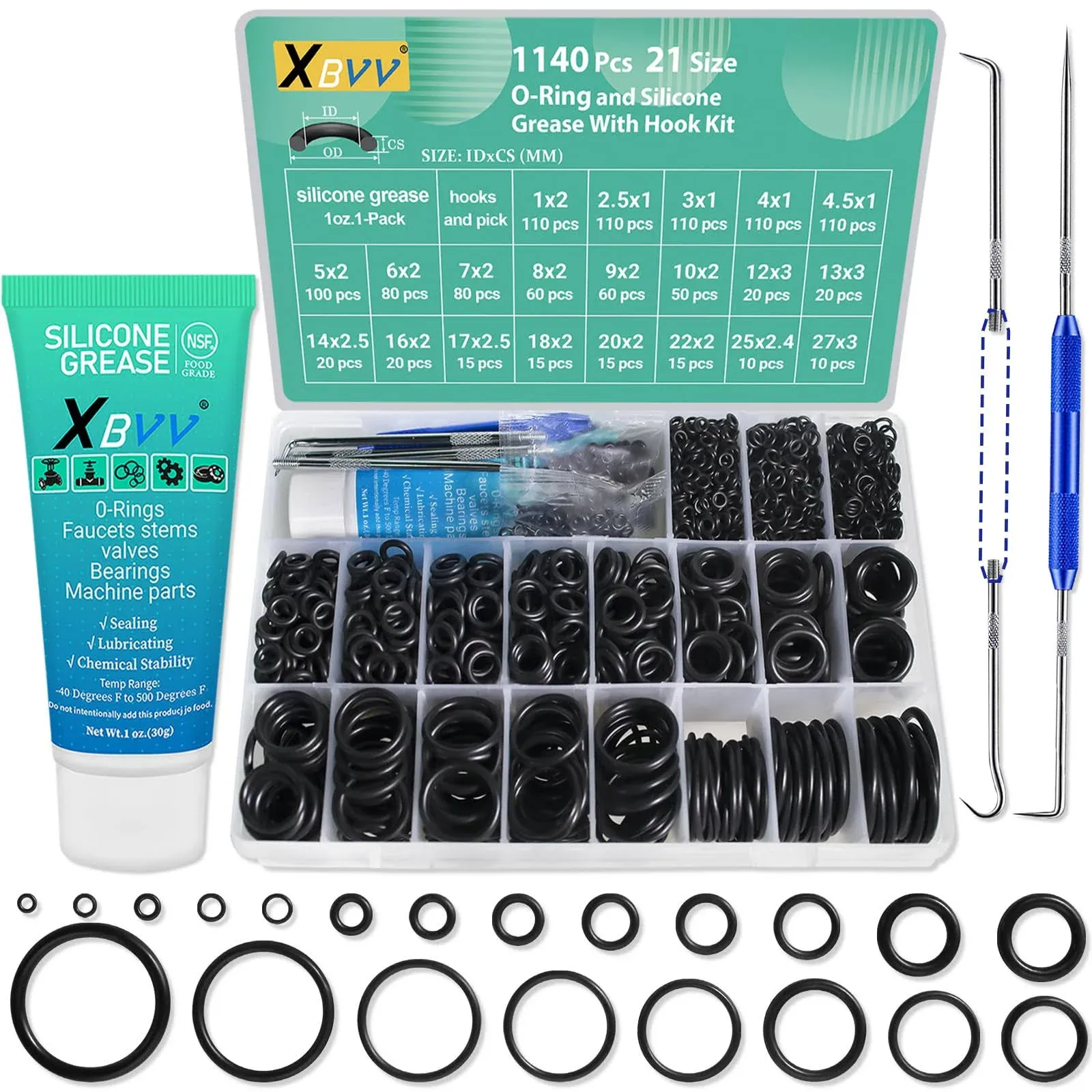 Xbvv 1140 Pcs 21 Size O-Ring Kit & Silicone Grease & Pick Hook 3-in-1 Rubber ...